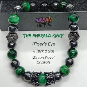 Men's Tiger Eye Bracelet Crown Hematite Beads Magnetic Clasp Handmade